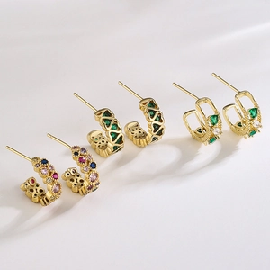 Elegant 18K gold plated C-shaped hoop earrings with micro-set multi-colored cubic zirconia