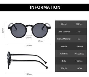 Detailed dimension guide for vintage round PC sunglasses with 140mm frame width