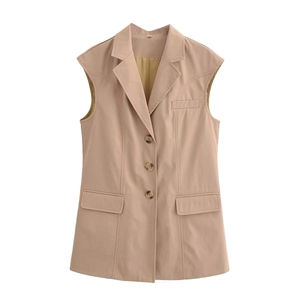 British style sleeveless khaki blazer vest with notch lapel and single breasted buttons