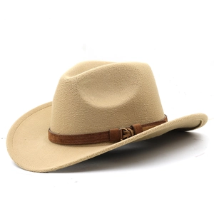 Detail of light camel wool felt hat featuring brown suede belt and gold buckle accent