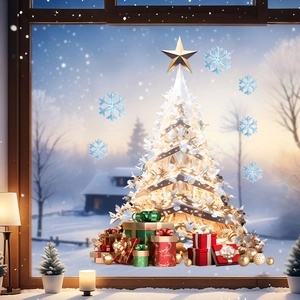 Cozy window view of gold Christmas tree and blue snowflake static decals on glass