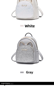 Detail of mini backpacks in white and grey with glitter pockets and rhinestone cat ears