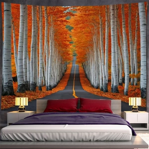 Detailed autumn birch forest tapestry showing deep perspective for bedroom wall decor