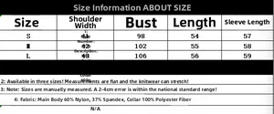 Size chart for knit jacket with faux fur collar showing S, M, L measurements in CM