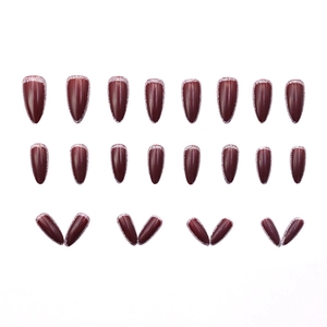 Faux ongles rouge cerise pailletés avec reflets argentés, forme amande, lot de 24 pièces