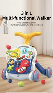 Detail of 3-in-1 baby walker featuring a colorful musical activity panel and sturdy wheels