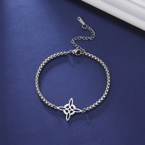 Silver stainless steel box chain bracelet featuring a hollow Celtic witch knot charm