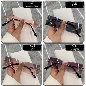 Detail view of four color variants of rimless rectangular sunglasses with gold metal frames