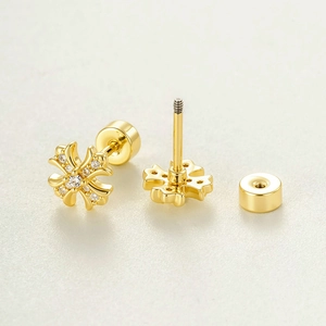Minimalist gold lace cross stud earrings with sparkling inlay and screw back closure