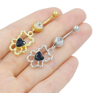 Piercings de nombril fleur en or et argent avec pendentifs de pierres noires en cœur