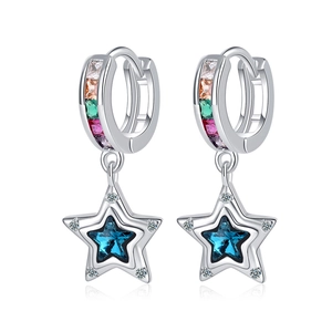 Star Pentagram Huggie Earrings Copper Platinum Plated Blue Rainbow Cubic Zirconia Small Dainty Jewelry For Women
