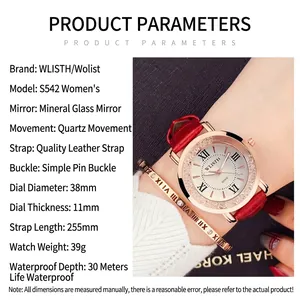 Elegant ladies quartz watch with red leather strap and rhinestone rose gold case