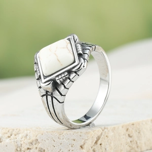 Vintage style men's stainless steel ring with square white turquoise on natural stone base