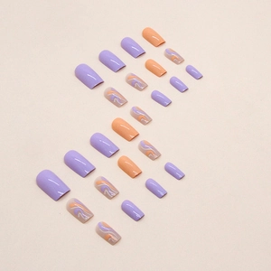 Spring summer vibrant wavy press-on nails in lavender and orange square medium shape