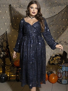 Plus Size V Neck Long Sleeve Sequin Dress Starry Sky Pattern Bronzing Halloween Party Evening Gown For Women