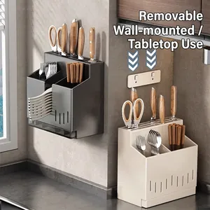 Wall-mounted stainless steel kitchen utensil holder for knives, spoons, and chopsticks