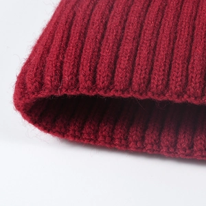 Women's winter thick ribbed knit beanie hat in deep red with jacquard thermal lining