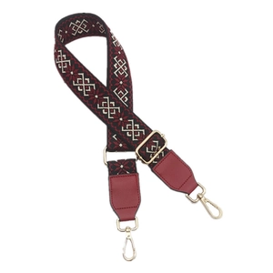 Adjustable burgundy and black jacquard wide canvas shoulder strap with gold alloy hooks