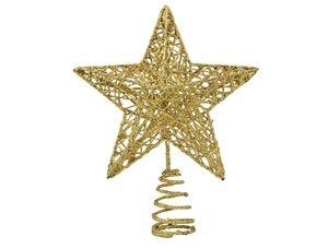 Close-up of a hollow gold glitter star tree topper with a spiral base for Christmas decor