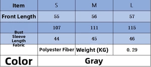 Size chart showing S, M, L measurements for the grey asymmetric knit sweater