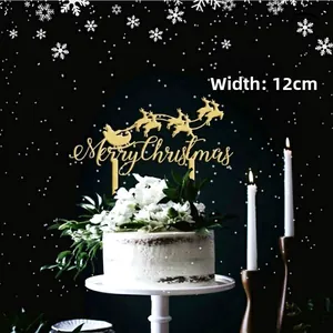 Golden acrylic Merry Christmas cake topper with reindeer design, 12cm width detail