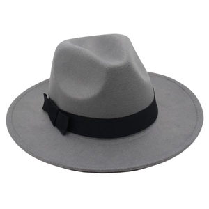 Detail shot of the vintage gray felt fedora showing the black satin ribbon and bow