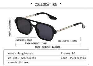 Detailed specs of pilot sunglasses with dual bridge and dimensions on white backdrop