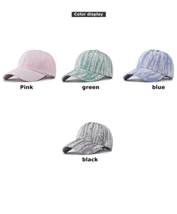 Close-up of textured baseball caps in pink, green, blue and black color options