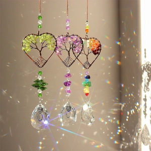Tree Of Life Heart Suncatcher K9 Crystal Prism Natural Stone Wire Wrapped Hanging Ornament Rainbow Maker Window Decor