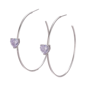 High-quality silver finish C-shape hoop earrings with purple heart-shaped zircon stones