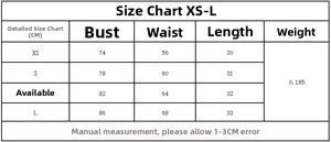 Detailed size chart for bow patchwork strapless top showing XS to L measurements in cm