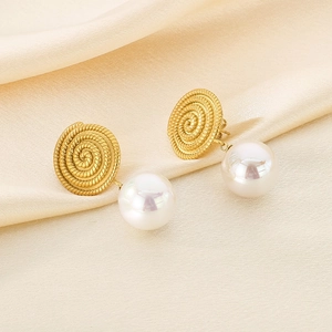 French style spiral stainless steel earrings with large white pearls on silk background