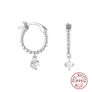 Sparkling 925 sterling silver hoop earrings with round zircon charms on white background