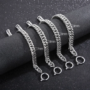 Detail of silver Cuban link chains in 7mm, 8mm, and 9mm widths on a professional display
