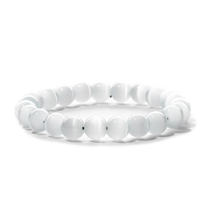 Elegant 8mm white cat eye stone beaded bracelet with polished round gemstone beads