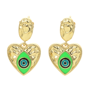 18K gold plated heart evil eye earrings with green enamel and hammered texture