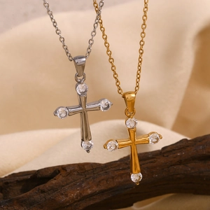 18K gold and silver stainless steel cross necklaces with micro-pave white zircon stones