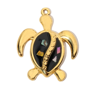 Detailed close-up of golden sea turtle pendant featuring colorful shell inlay on black base