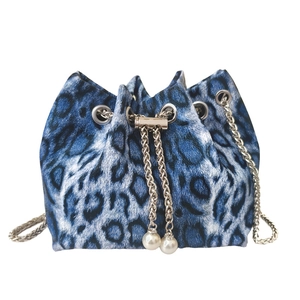 Blue leopard print bucket bag with silver chain drawstring and pearl accents for summer