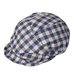 Blue and white plaid cotton linen beret hat with vintage pleated texture for women