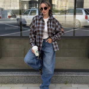 Camicia A Quadri Donna Maniche Lunghe Oversize Poliestere Casual Allentata Con Bottoni Top
