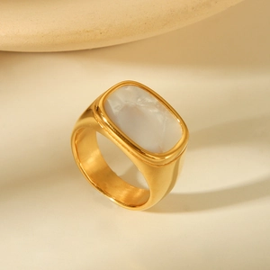 Vintage Geometric Square Mother Of Artificial Pearl Inlay Ring 18K Gold Plated Stainless Steel Minimalist Jewelry For Women