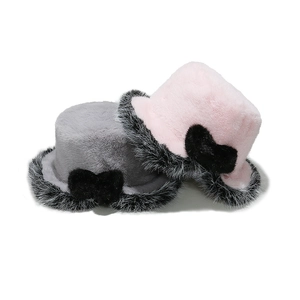 Winter plush bucket hats in grey and pink with black faux fur trim and bow detail