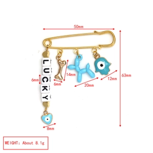Detail of evil eye safety pin brooch with lucky beads and blue charms showing dimensions