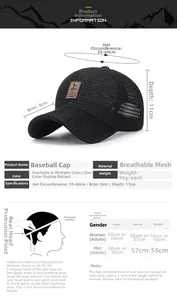 Size chart for mesh baseball cap with head circumference, brim length, and depth details