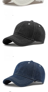 Detail of denim baseball hats showing white contrast stitching and stacked color options