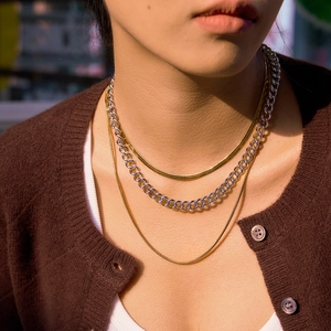 Three-layer 18K gold and silver stainless steel necklace set with mixed snake and cuban chains