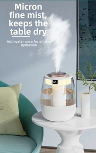 Detail of white USB desktop humidifier showing LED digital display with humidity level 65