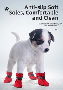 Detail of red waterproof dog boots with adjustable drawstring and anti-slip soft soles