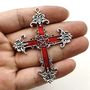 Gothic silver cross pendant with red enamel inlay and pentagram center detail